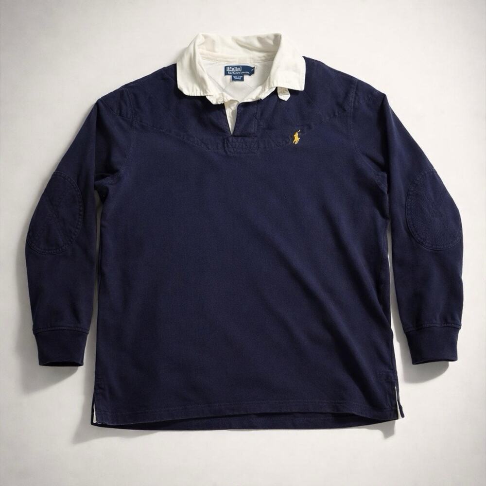 Polo Ralph Lauren Rugby SweatShirt Navy Quilted Shoulder Elbow Patch Men XL 90s